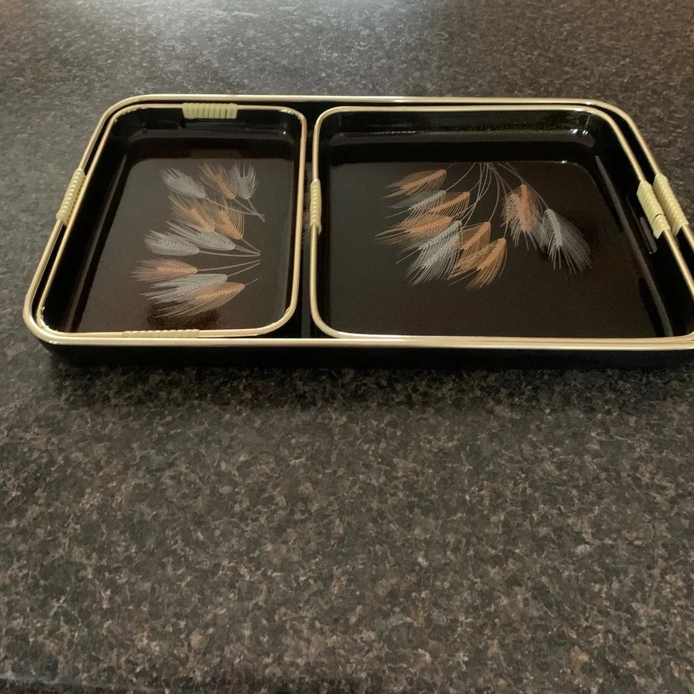 Vintage Japan Nesting‎ Tray Set Wheat Design – 3 Serving Trays w/ Handles Brown
